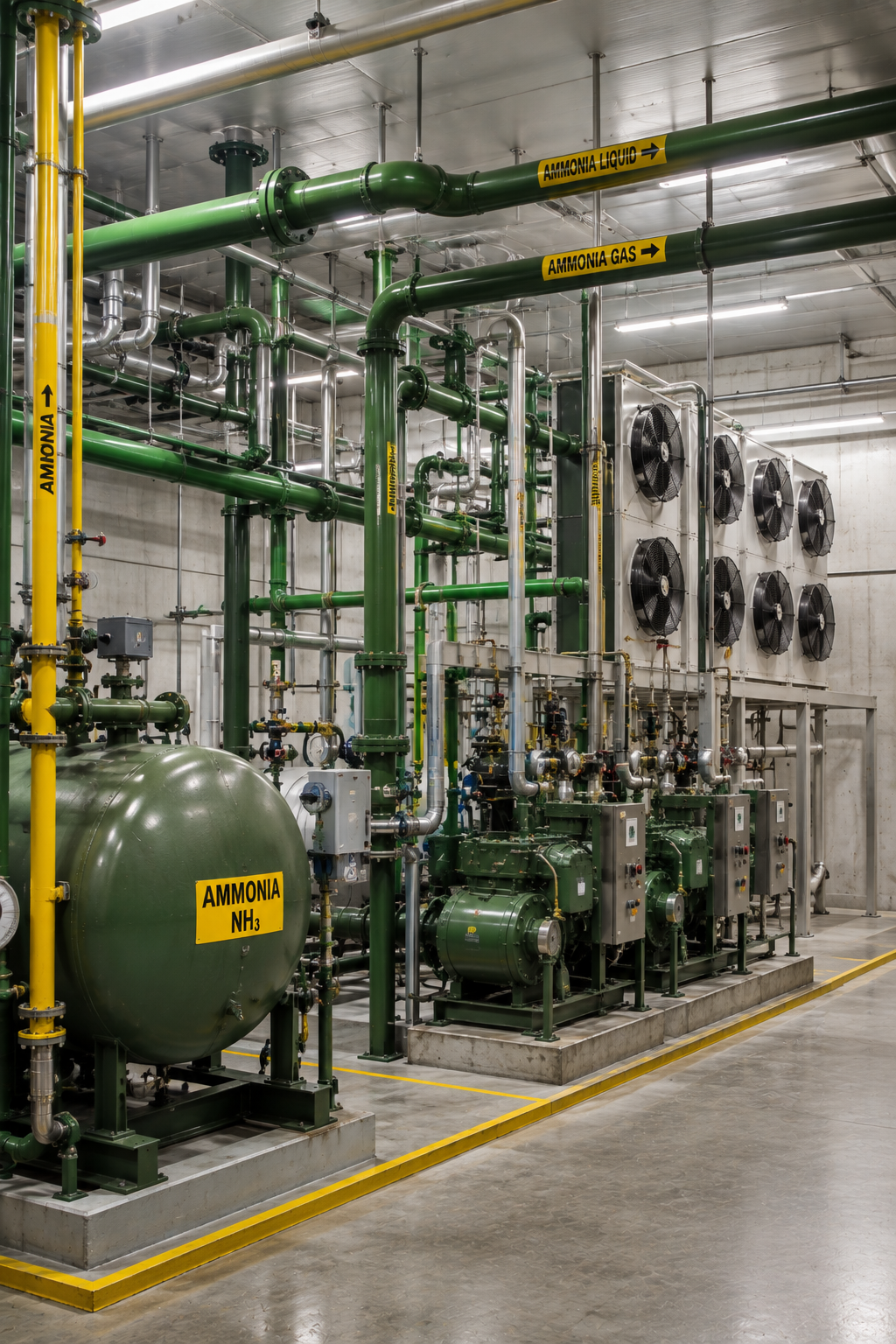 Ammonia refrigeration plant room with semi-welded plate equipment